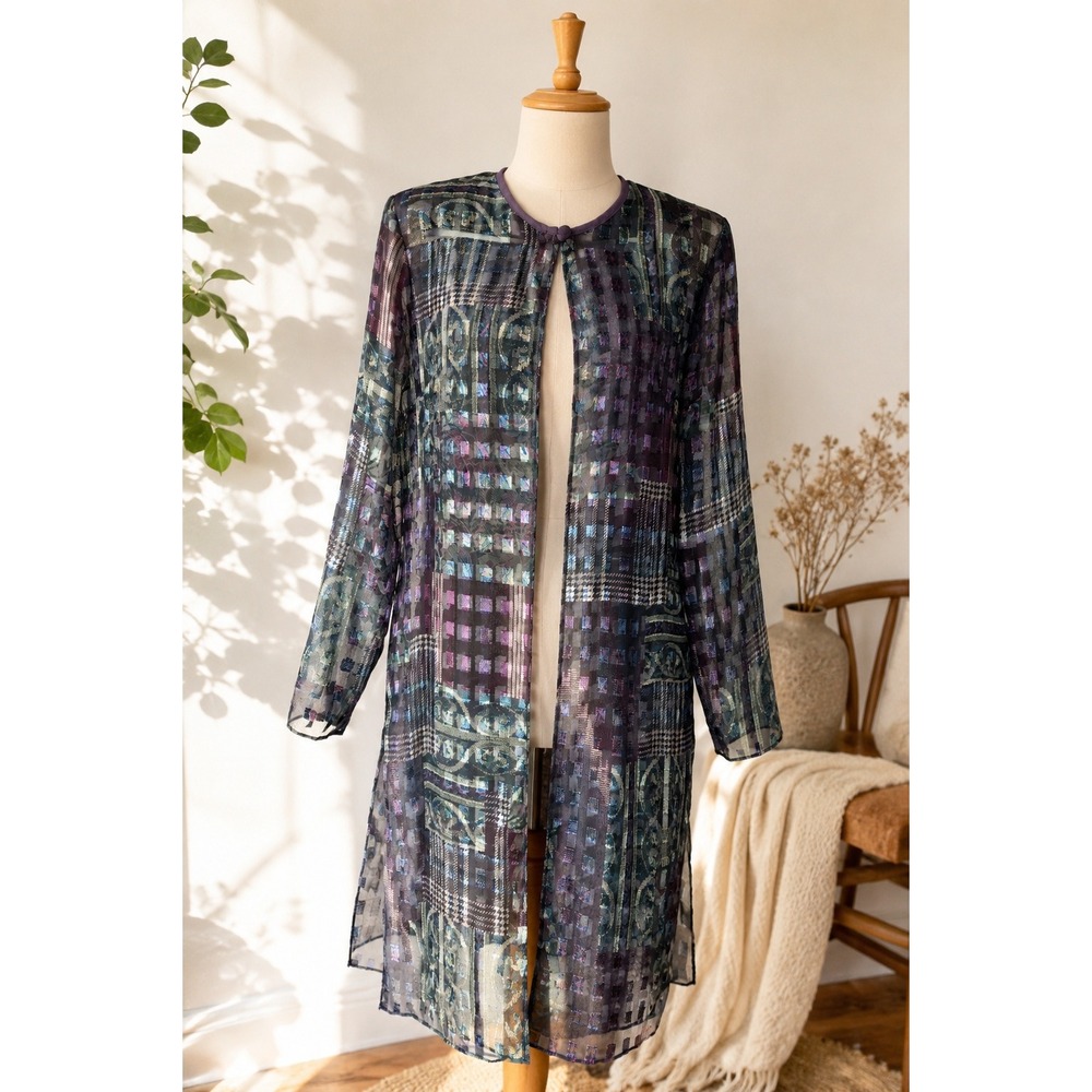 Sheer Patchwork Duster Jacket Art to Wear 90s Boho Festival Open Front Size 10